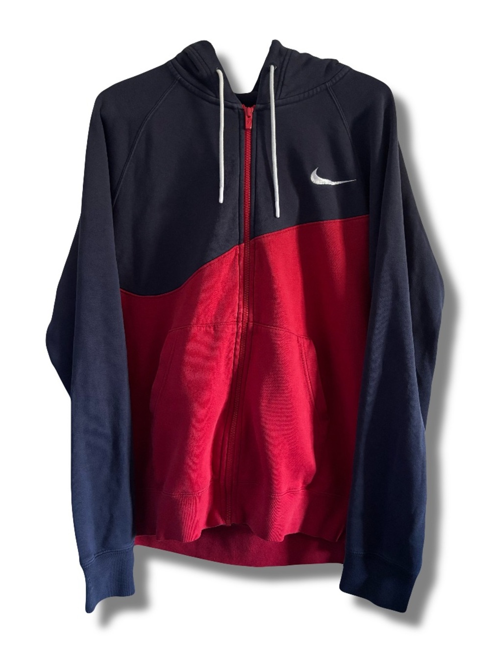 VTG Y2K Nike Colour Block Red and Navy Blue Zip Up Hoodie Size Large